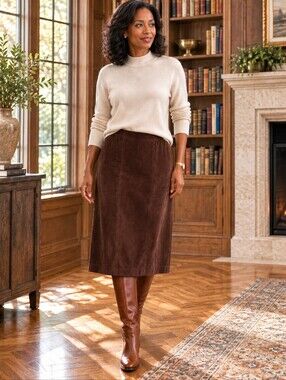 Danier Canada Brown Suede Leather Midi Skirt Size 14 Made in Canada